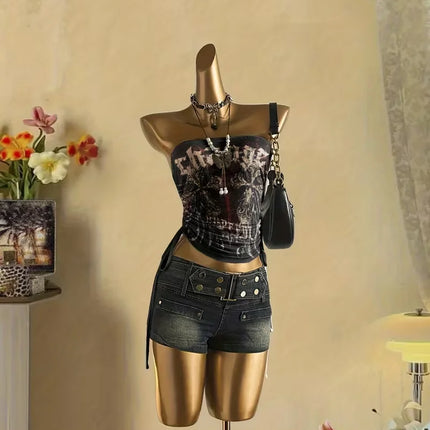 cropped top  ，Women's summer fashion vacation slim fit retro printed tank top