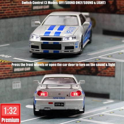 1/32 Nissan Skyline GTR R34 JDM Toy Car Model Diecast Vehicle Miniature Sound & Light Pull Back Collection Gift Children Boy