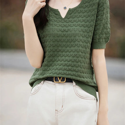 Women's T-shirt Summer New 100% Pure Cotton Tees Casual Solid Knitted Short sleeved V-neck Pullover Loose Tops Fashion Sweater