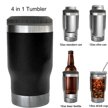 4 in 1 Travel Mug and Can Cooler Insulated for 12 oz Cans and Beer Bottle. Universal Cool Summer Ice Bottle Cup With 2 Lids