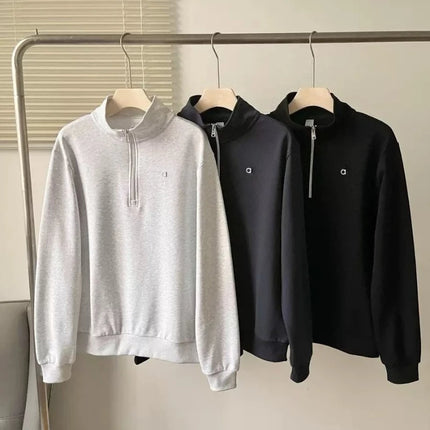Korean Cotton Loose Fit Sports Pullover Fashion Stand Collar Half-zip Sweatshirt Classic Versatile Autumn Long Sleeves Hoodies