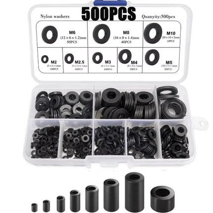500 Pcs Mixed Sizes M2-M10 Black & White Nylon Flat Washers Insulating Gaskets for Screws And Bolts Kit