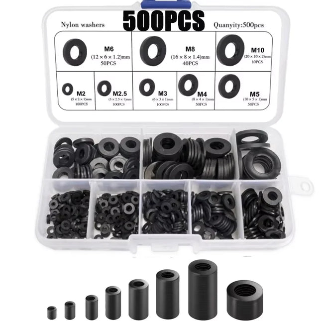 500 Pcs Mixed Sizes M2-M10 Black & White Nylon Flat Washers Insulating Gaskets for Screws And Bolts Kit