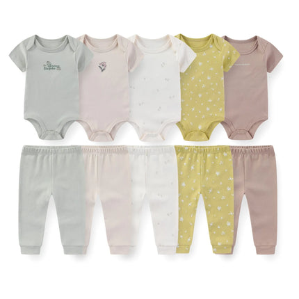 Kiddiezoom 10 Pcs/Lot Four Seasons Fashion Baby Clothing Set Cotton Soft Newborn Bodysuits+Pants Infant Outfit Gift