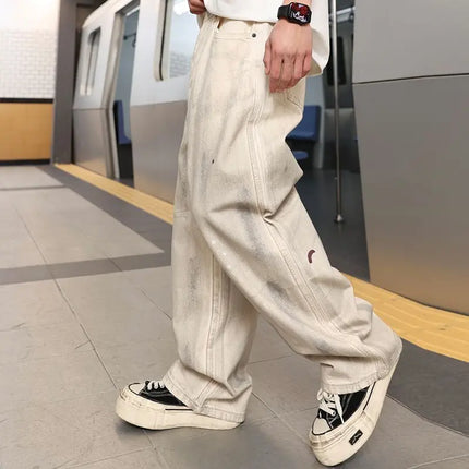 High Street Vibe Style Graffiti Off-White Jeans Men's Retro Loose Versatile Wide-Leg Floor-Length Trousers Trendy