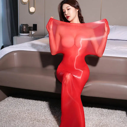 Black Crotchless Silk Bodystockings Long Sleeve Full Body Oil Shiny Pantyhose See Through Female Underwear Bodysuit Shapewear