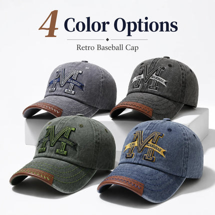 Vintage Washed Cotton Baseball Cap Men Women Letter M Embroidery Dad Hat Retro Leather Brim Edge Snapback Sun Hat Gorras Bone