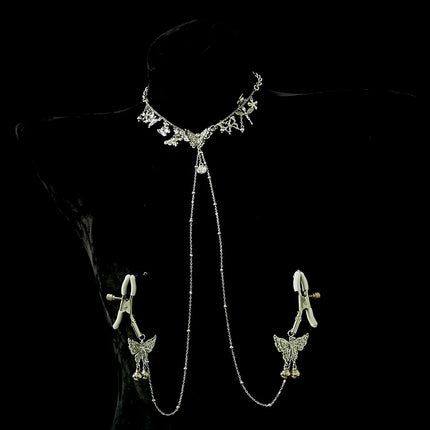 Silver Butterfly Bell Nipple Clamps Pearl Collar Body Chain Detachable Integrated Design Sexy Accessories SM Training Sex Toys