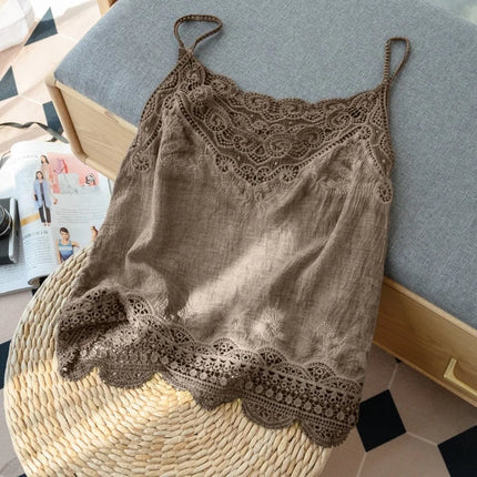 Korean Japanese Brand Lace Hollow out Svel Thin Top Women Summer Loose Linen Csole Vest Inner Wear Tank Top