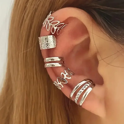 5pcs/set Trendy Elegant Design Ear Cuff Classic Elegant Style Gifts Women's No Piercing Clip Silver Circle Leaf Shaped Earrings