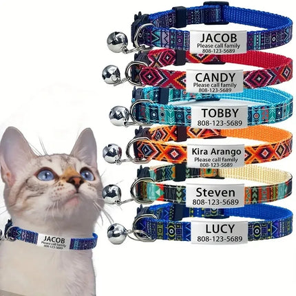 Personalized ID Tag Bohemian Cat Collar with Bell Custom Safety Breakaway Adjustable Engraved Small Kitten Necklace