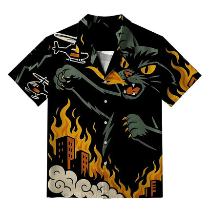 Men's Cat Graphics Shirts Short Sleeved Lapel Japanese Style Shirt For Summer Oversized Tops Vacation Casual Hawaiian Shirts