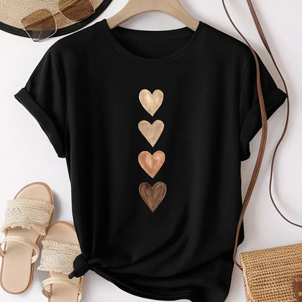 Women's Casual Short Sleeve T-Shirt with Four Heart Graphic Print - Black & Golden Medium Stretch Round Neck Novelty T-Shirt