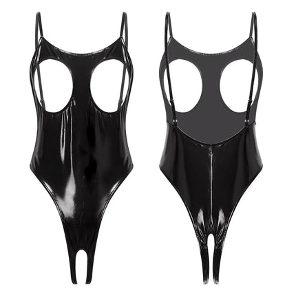 Womens Sexy PU Leather One Piece Lingerie Bodysuit Wet Look Hollow Out Open Cup Crotchless High Cut Leotard Catsuit Nightwear