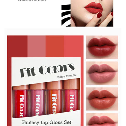 Fit Colors Velvet Lip Gloss Set — 4-Piece Non-Transfer, Diamond Finish, Long-Lasting Lip Gloss Collection