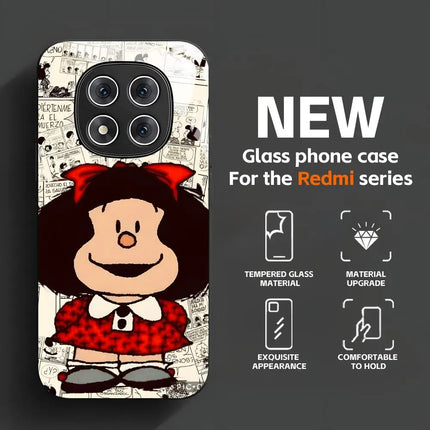 Cute girl Mafalda Comic Design  Phone Case Tempered Glass Case For Redmi Note11 12 13 14Pro Plus S 5G 14C A3