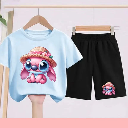 Disney Casual Children's Fashion Set T-shirt+ Shorts 2 Piece Stitch  Print  Boys Girls 3-12 Years Sports Coat Trend Party Sets
