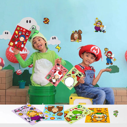 12pcs Anime  Mario Bros Puzzle Stickers Game Kawaii Make A Face Sticker Cute Cartoon DIY Funny Pack Toy Gift