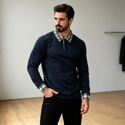Men Waffle Knit Long Sleeve Polo Shirt Plaid Collar Breathable Daily Business Office Travel Holiday Walking Casual Tops