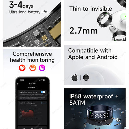2026 Smart Ring With Wireless Charging LED Display Screen Heart Rate Blood Oxygen Monitor Waterproof Multi Sports Mode Smartring