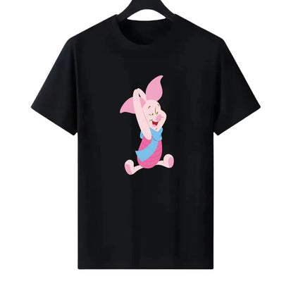 Disney Pooh Bear Piglet Pattern Woman Round Neck Loose Parent-child Clothing Tops Ladies Comfort Short Sleeves T-Shirt Blouses