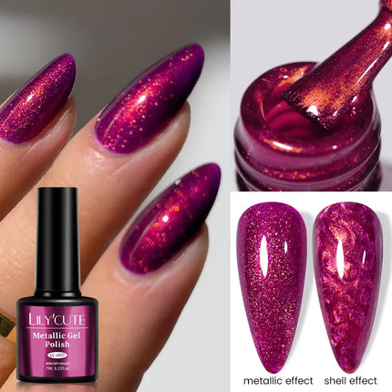 7ml Metallic Gel Nail Polish Red Chrome Effect Soak Off Varnish Semi-Permanent Nails Art Manicure Base Top Coat and Magnetic