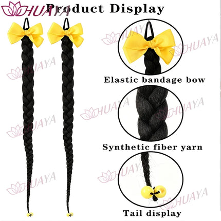 2‑Pack Women's Synthetic 24‑Inch Long Black Braid Ponytail Hair Extensions, Bow Hair Ties, Straight Braid Hair Pieces, Re‑Stylab