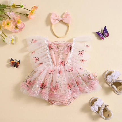 Summer Infant Baby Girl Rompers Dress Lace Trim Butterfly Embroidered Fly Sleeve Tulle Jumpsuit Bodysuits Clothes with Headband
