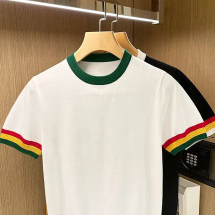Summer Men Knitted T-shirts O'neck Short Sleeve Rainbow Patchwork Tops