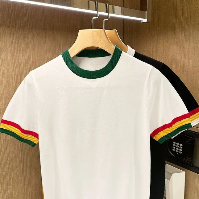 Summer Men Knitted T-shirts O'neck Short Sleeve Rainbow Patchwork Tops