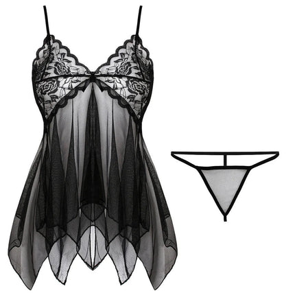 Women Lace Babydoll Lingerie Set Spaghetti Strap Sheer Nightwear Irregular Hem With Panties Sheer Floral Erotic Hot Sexy Costume