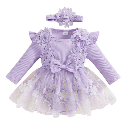 Pudcoco Baby Girls Romper Dress Mesh Lace Patchwork Long Sleeve Jumpsuits and Cute Headband Set for Toddler Infant 0-12M