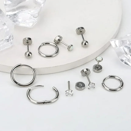 6 Pairs Earring Sets for Multiple Piercings Small Huggie Hoop Earrings Flat Back Tiny Ball CZ Opal Pearl Stud Earrings for Women