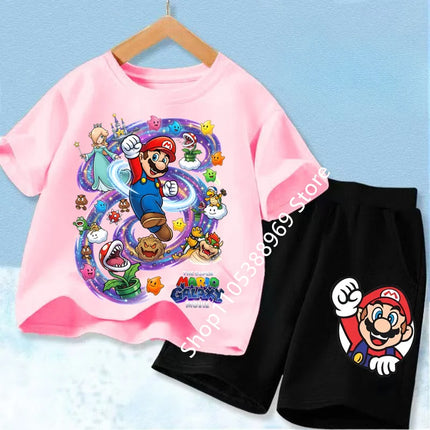 High Quality Kids 2Pcs Set Marios Cartoon Short Sleeve T-Shirt + Elastic Waist Shorts Comfortable Summer Children Clothing Suits