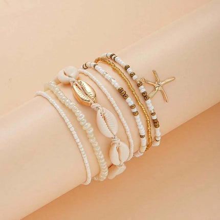 Summer Ankle Bracelet Set for Women, Gold Plated Boho Bead Adjustable Anklet, Hawaiian Beach Shell Starfish Foot Jewelry Gifts