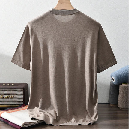 85% Silk + 15% Cashmere Men's T-shirt Casual Solid Color Knitted Pullover Short-Sleeved Round Neck Tees Basic Tops