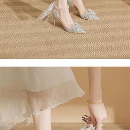 Spring Pointed Toe Party Wedding Shoes for Women, Bride Bow Thick Heel Silver Sequin Fairy Lolita Style Single Shoes