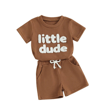 Toddler Boys Summer Outfit Sets Short Sleeve Letter Print Tops Solid Color Drawstring Shorts