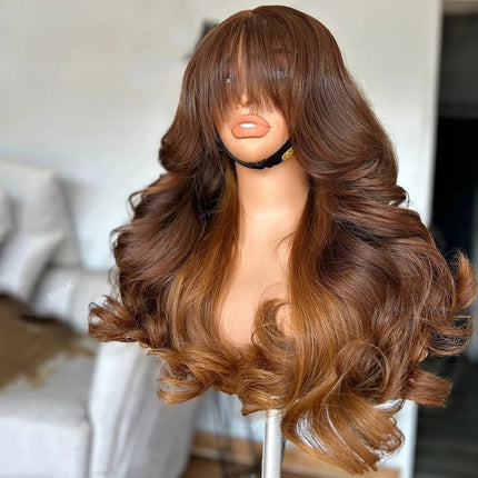 Ombre Brown With Bangs Colored 13x4 Synthetic Lace Frontal Wig Glueless Pre-Plucked Body Wave Wig For Women Daily Wear Cosplay