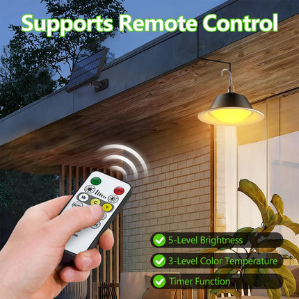Solar Pendant Light Outdoor with Remote Control 3-Color Dimmable Timer Waterproof Solar Shed Light for Gazebo Patio Garden Garag
