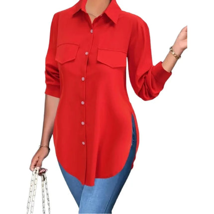 Plus Size  Women's Women's Autumn Fashion Solid Color Single Breasted Lapel Split Long Sleeved Shirt