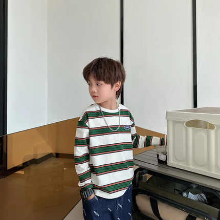 2025 Autumn Children's Clothes Girls Long-Sleeved Base Shirts Cool Boys Striped Cotton T-Shirt Teen Loose Casual 2-7Y Kids Top