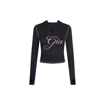 Gia Slim-Fit Letter Print Topstitching Design Hooded Zip-Up Jacket and Pants Set