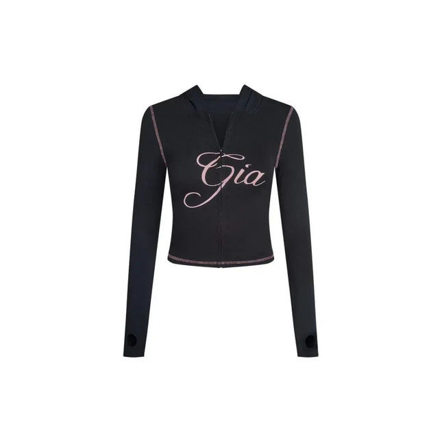 Gia Slim-Fit Letter Print Topstitching Design Hooded Zip-Up Jacket and Pants Set