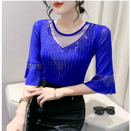 2025 Spring Summer Mesh Tops Korean Fashion Diamond T Shirt Slim 3/4 Sleeve Hollow Out Casual Women Shirt