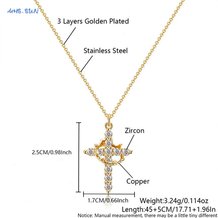 SUNSLL Cubic Zircon Rotatable Crown Cross Pendant Necklaces Classic Stainless Steel Chain Banquet Party Jewelry For Women Men