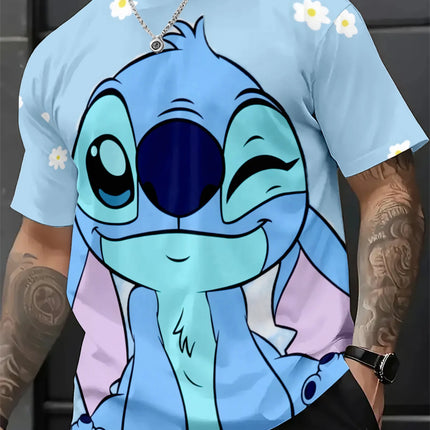 Disney Lilo & Stitch Cute Wink Print T-shirt Men Casual Short Sleeve Crew Neck Tee