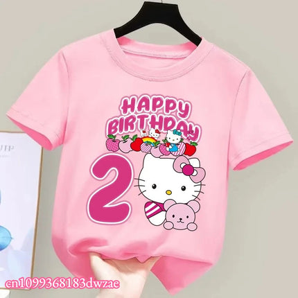 2026 New Hello Kitty Birthday Kids Short Sleeved Fashion Printed Boys and Girls Summer Clothes Short Sleeved Baby Cotton T-shirt