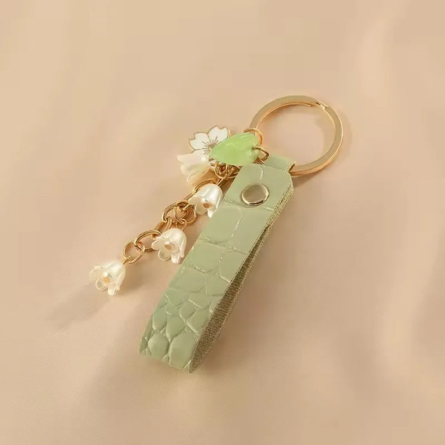 2pcs Lily of The Valley Flower Leather Keychain for Women Korea Fashion Sweet Key Chains Green FairyCore Accessories