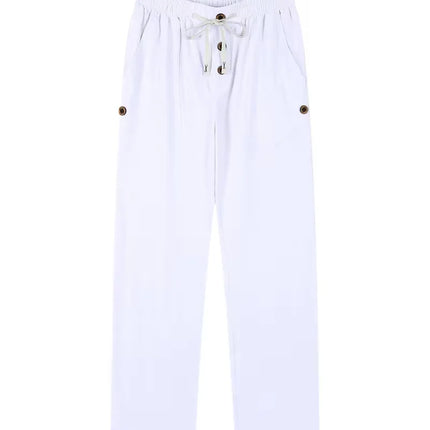 Men's Linen Drawstring Pants Casual Button Detail Elastic Waist Breathable Beach Vacation Daily Wear Straight Leg Trousers for M